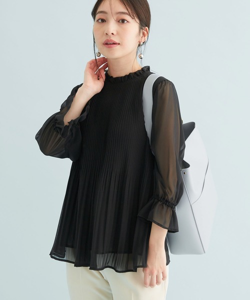 【新色追加】ドット/無地シフォンプリーツスタンドブラウス