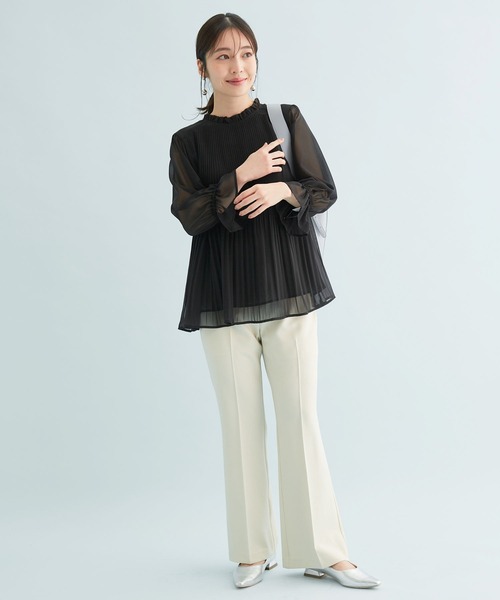 【新色追加】ドット/無地シフォンプリーツスタンドブラウス