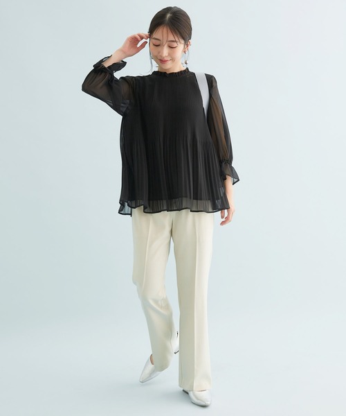 【新色追加】ドット/無地シフォンプリーツスタンドブラウス