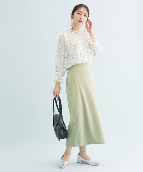【新色追加】ドット/無地シフォンプリーツスタンドブラウス
