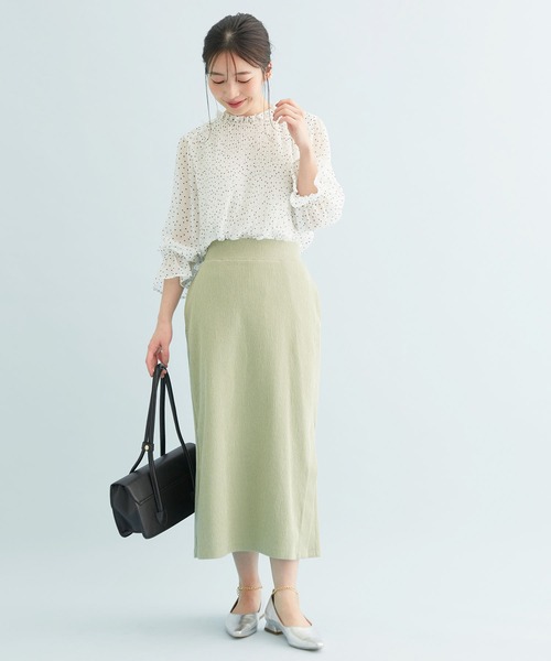 【新色追加】ドット/無地シフォンプリーツスタンドブラウス
