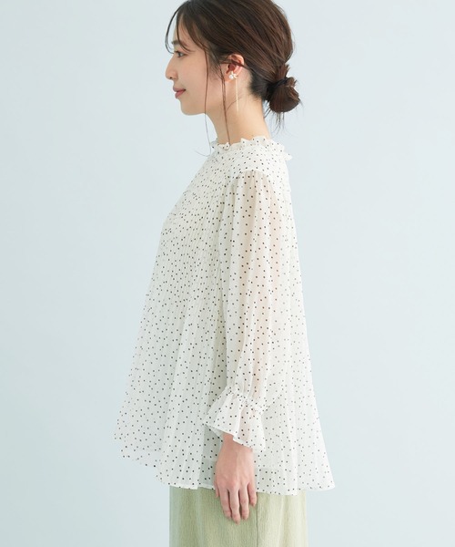 【新色追加】ドット/無地シフォンプリーツスタンドブラウス