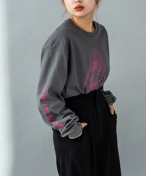 mystic（ミスティック）の「ANNIE ロングTシャツ（Tシャツ/カットソー・レディース・チャコールグレー/オフホワイト・FREE）」の2枚目の写真