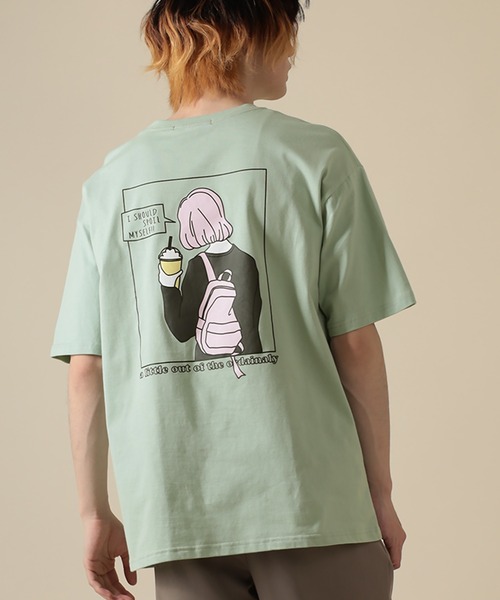 SlashDate（スラッシュデイト）の「オーバーサイズ カフェガール イラスト プリント Tシャツ（Tシャツ/カットソー・メンズ・ホワイト/アッシュグレー/ブラック/ミント/ホワイト系その他/スモークピンク・M/L）」の5枚目の写真