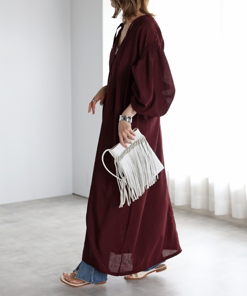 【大人気】SANDRO プリーツ入り ギャザーワンピース スラブジョーゼット前後2wayギャザーワンピース（シャツ