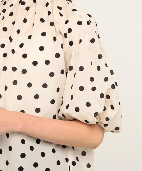美品✨Ballseyコットンシルクドットプリント ネックギャザーブラウス 　S 美品 Ballsey コットンシルクドットプリント ネックギャザー