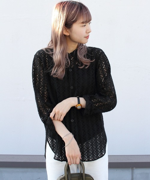 THE SHINZONE（ザ　シンゾーン）の「THE SHINZONE/シンゾーン　ジャガードレースシャツ　JACQUARD LACE SHIRT（シャツ/ブラウス・レディース・ブラック/ナチュラル・FREE）」の3枚目の写真