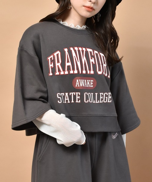 ems excite（エムズエキサイト）の「5分袖ロゴトレーナー（スウェット・レディース・チャコールグレー/ブルー/アイボリー・FREE）」の3枚目の写真