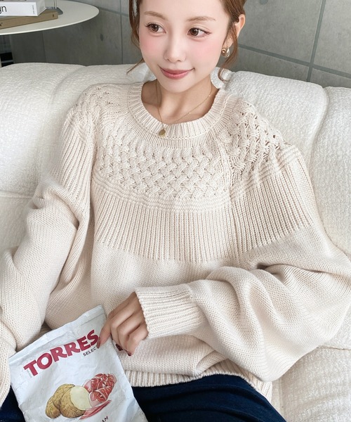 セール】求心ケーブル編みニットプルオーバー（ニット/セーター