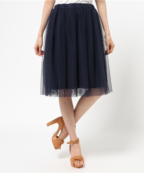 earth music&ecology（アースミュージックアンドエコロジー）の「チュールスカート（スカート・レディース・ライトグレー/サックスブルー/ネイビー/ストライプ・FREE）」の3枚目の写真