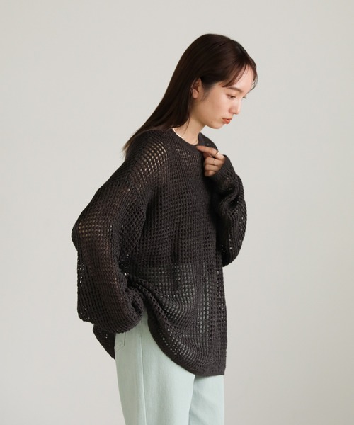 select MOCA ニットコート セール】クルーネック透かし編みメッシュニットトップス（ニット