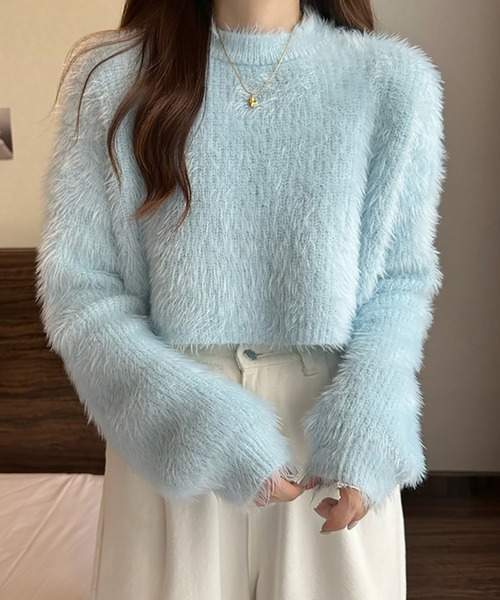 Girly Doll(ガーリードール)の「クロップド丈シャギーニット(ニット/セーター・レディース・ブルー/ホワイト/ピンク/ライトグリーン/パープル/ダークベージュ/ブラック・FREE)」の6枚目の写真