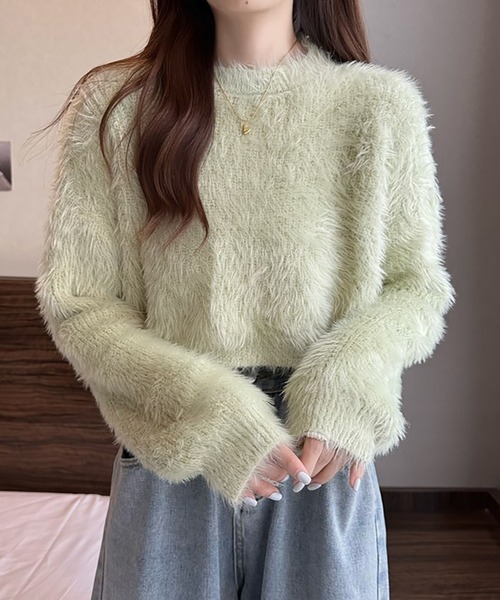 Girly Doll(ガーリードール)の「クロップド丈シャギーニット(ニット/セーター・レディース・ブルー/ホワイト/ピンク/ライトグリーン/パープル/ダークベージュ/ブラック・FREE)」の5枚目の写真