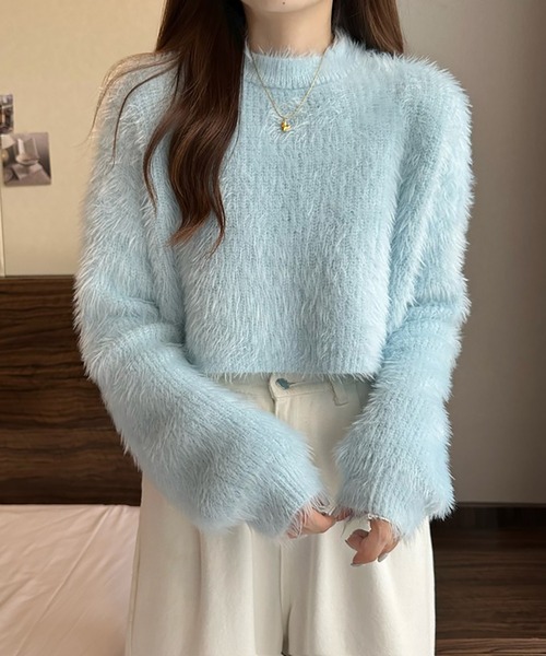 Girly Doll(ガーリードール)の「クロップド丈シャギーニット(ニット/セーター・レディース・ブルー/ホワイト/ピンク/ライトグリーン/パープル/ダークベージュ/ブラック・FREE)」の13枚目の写真