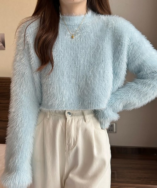 Girly Doll(ガーリードール)の「クロップド丈シャギーニット(ニット/セーター・レディース・ブルー/ホワイト/ピンク/ライトグリーン/パープル/ダークベージュ/ブラック・FREE)」の15枚目の写真