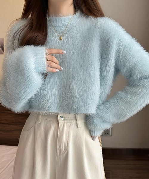 Girly Doll(ガーリードール)の「クロップド丈シャギーニット(ニット/セーター・レディース・ブルー/ホワイト/ピンク/ライトグリーン/パープル/ダークベージュ/ブラック・FREE)」の17枚目の写真