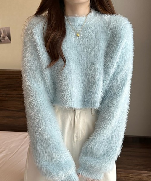 Girly Doll(ガーリードール)の「クロップド丈シャギーニット(ニット/セーター・レディース・ブルー/ホワイト/ピンク/ライトグリーン/パープル/ダークベージュ/ブラック・FREE)」の18枚目の写真