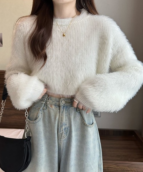 Girly Doll(ガーリードール)の「クロップド丈シャギーニット(ニット/セーター・レディース・ブルー/ホワイト/ピンク/ライトグリーン/パープル/ダークベージュ/ブラック・FREE)」の10枚目の写真