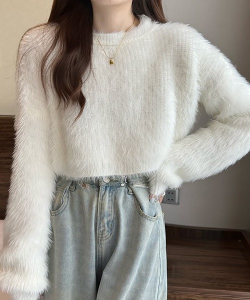 Girly Doll(ガーリードール)の「クロップド丈シャギーニット(ニット/セーター・レディース・ブルー/ホワイト/ピンク/ライトグリーン/パープル/ダークベージュ/ブラック・FREE)」の12枚目の写真