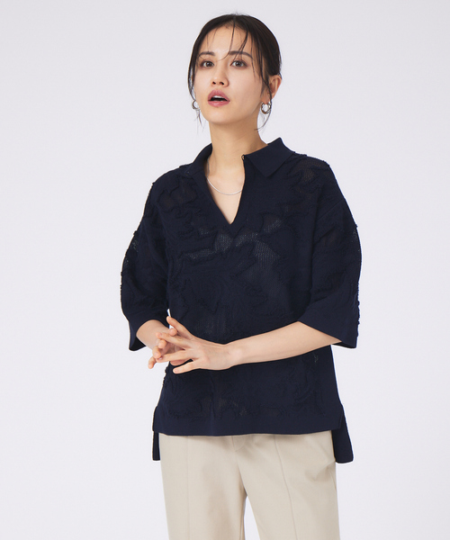 qualite(カリテ)の「【boussole×qualite】レースジャガートポロ襟ニット(ニット/セーター・レディース・オフホワイト/ネイビー・フリー)」の2枚目の写真