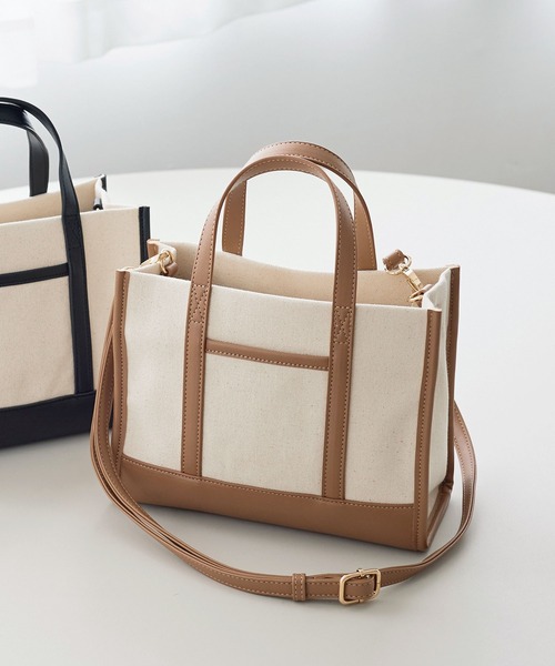 KOBE LETTUCE（コウベレタス）の「フェイクレザー切替キャンバスミニトートバッグ（トートバッグ・レディース・ピンク/グレー/カーキ/キャメル/ブラック/シルバー・FREE）」の4枚目の写真