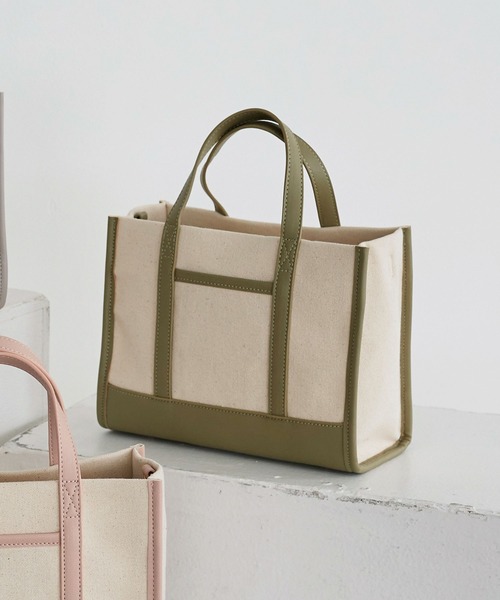 KOBE LETTUCE（コウベレタス）の「フェイクレザー切替キャンバスミニトートバッグ（トートバッグ・レディース・ピンク/グレー/カーキ/キャメル/ブラック/シルバー・FREE）」の3枚目の写真