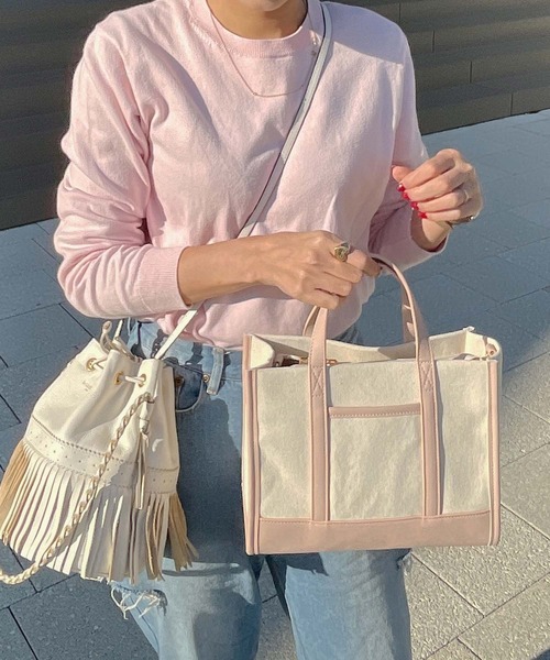 KOBE LETTUCE（コウベレタス）の「フェイクレザー切替キャンバスミニトートバッグ（トートバッグ・レディース・ピンク/グレー/カーキ/キャメル/ブラック/シルバー・FREE）」の5枚目の写真