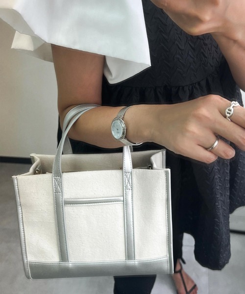 KOBE LETTUCE（コウベレタス）の「フェイクレザー切替キャンバスミニトートバッグ（トートバッグ・レディース・ピンク/グレー/カーキ/キャメル/ブラック/シルバー・FREE）」の6枚目の写真