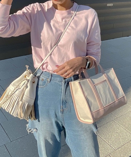 KOBE LETTUCE（コウベレタス）の「フェイクレザー切替キャンバスミニトートバッグ（トートバッグ・レディース・ピンク/グレー/カーキ/キャメル/ブラック/シルバー・FREE）」の22枚目の写真