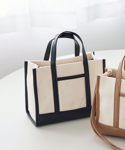 KOBE LETTUCE（コウベレタス）の「フェイクレザー切替キャンバスミニトートバッグ（トートバッグ・レディース・ピンク/グレー/カーキ/キャメル/ブラック/シルバー・FREE）」の18枚目の写真