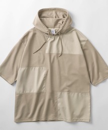 異素材 パネルデザインミックス プルオーバー半袖カットソー/布帛異素材 切り替え Tシャツ/ワイドシルエット