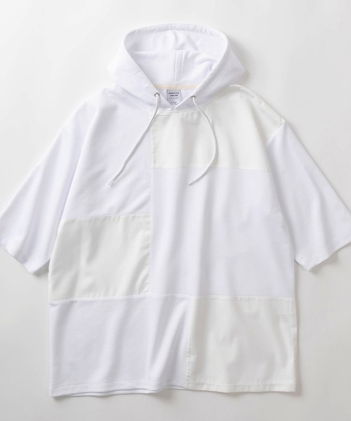 make a ray!(メイク ア レイ!)の「異素材 パネルデザインミックス プルオーバー半袖カットソー/布帛異素材 切り替え Tシャツ/ワイドシルエット(Tシャツ/カットソー・メンズ・ホワイト/ブラック/ダークグリーン/ベージュ・M/L)」の2枚目の写真