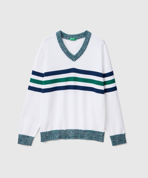 BENETTON (UNITED COLORS OF BENETTON)（ベネトンユナイテッドカラーズオブベネトン）の「センターボーダーVネックニット・セーター（ニット/セーター・メンズ・ホワイト系その他・LARGE/MEDIUM/SMALL/X-SMALL）」の5枚目の写真