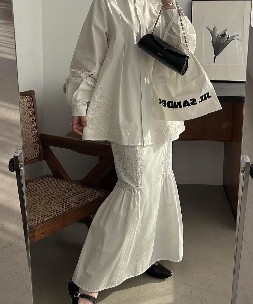 WILLFULLY（ウィルフリー）の「lace patchwork gather flare SK（スカート・レディース・アイボリー/ブルーグレー/ブラック・FREE）」の9枚目の写真