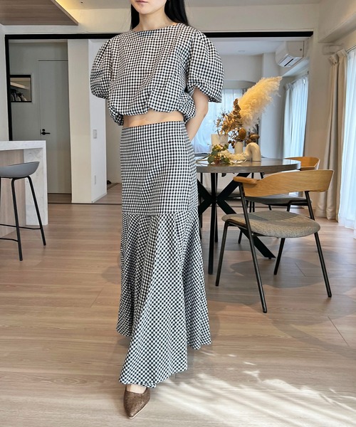 セール】ギンガムチェックバルーンスリーブクロップドトップス  