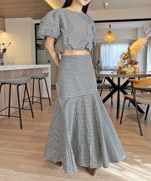 セール】ギンガムチェックバルーンスリーブクロップドトップス  
