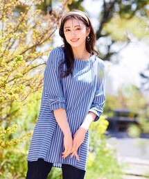 リボンスリーブストライプチュニックブラウス