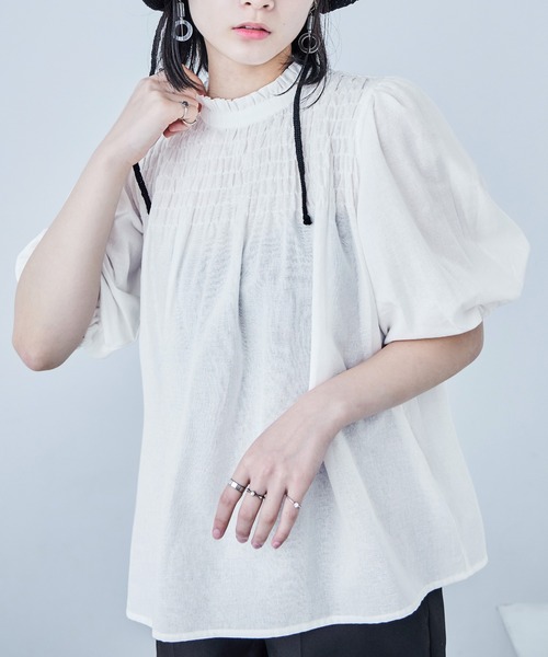 Fashion Letter(ファッションレター)の「コットン パフスリーブブラウス(シャツ/ブラウス・レディース・ホワイト/ピンク/イエロー/ブラック・M)」の2枚目の写真