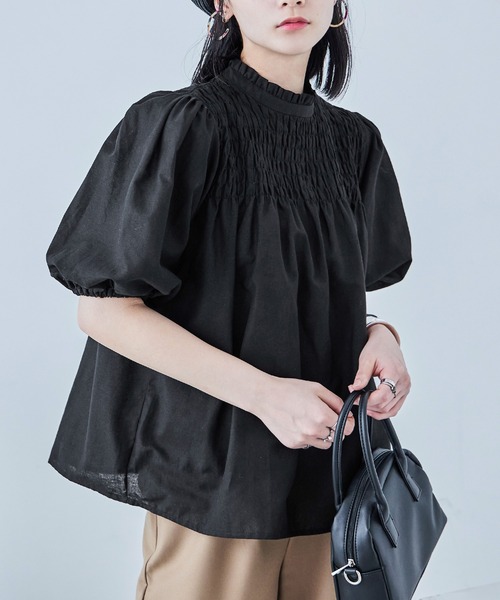 Fashion Letter(ファッションレター)の「コットン パフスリーブブラウス(シャツ/ブラウス・レディース・ホワイト/ピンク/イエロー/ブラック・M)」の3枚目の写真