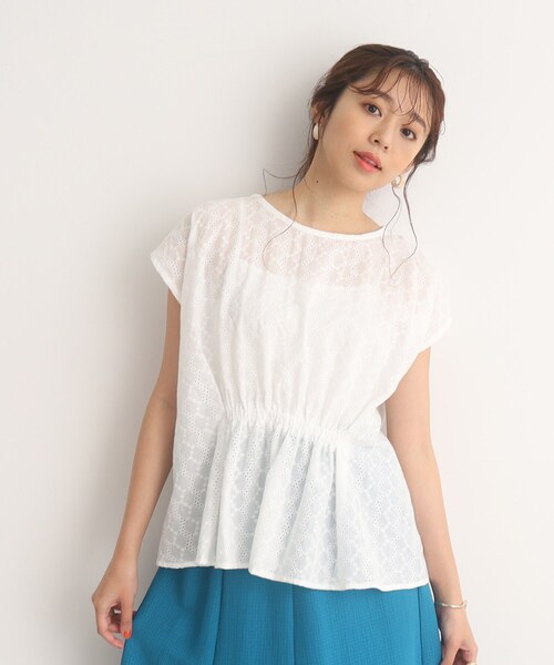 DRESKIP(ドレスキップ)の「◆カラーで着映える 刺繍レース ウエストギャザートップス(Tシャツ/カットソー・レディース・オレンジ/ブルー/オフホワイト/黄緑系/ブラック・02/03/04)」の7枚目の写真
