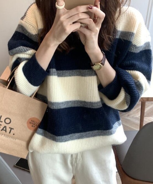 【セール】ランダムボーダークルーネックニットプルオーバー（ニット/セーター）｜deux amour（ドゥーザムール）