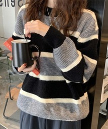 ランダムボーダークルーネックニットプルオーバー