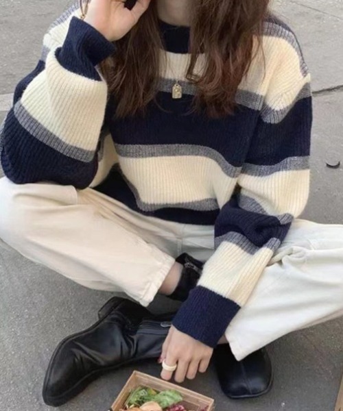 deux amour（ドゥーザムール）の「ランダムボーダークルーネックニットプルオーバー（ニット/セーター・レディース・ネイビー/グレー・FREE）」の11枚目の写真