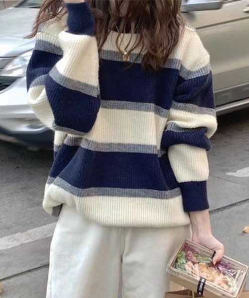 deux amour（ドゥーザムール）の「ランダムボーダークルーネックニットプルオーバー（ニット/セーター・レディース・ネイビー/グレー・FREE）」の10枚目の写真