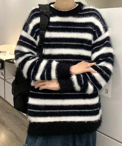 aimoha（アイモハ）の「aimoha men BORDER FRINGE KNIT ボーダーフリンジ プルオーバー（ニット/セーター・メンズ・ブラック・XX-LARGE/X-LARGE/LARGE/MEDIUM）」の4枚目の写真