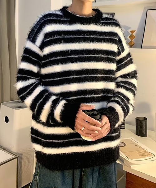 aimoha（アイモハ）の「aimoha men BORDER FRINGE KNIT ボーダーフリンジ プルオーバー（ニット/セーター・メンズ・ブラック・XX-LARGE/X-LARGE/LARGE/MEDIUM）」の5枚目の写真