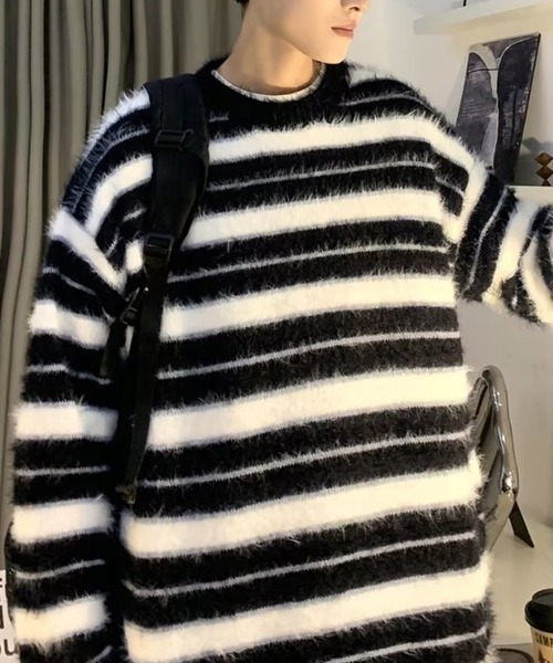 aimoha（アイモハ）の「aimoha men BORDER FRINGE KNIT ボーダーフリンジ プルオーバー（ニット/セーター・メンズ・ブラック・XX-LARGE/X-LARGE/LARGE/MEDIUM）」の6枚目の写真