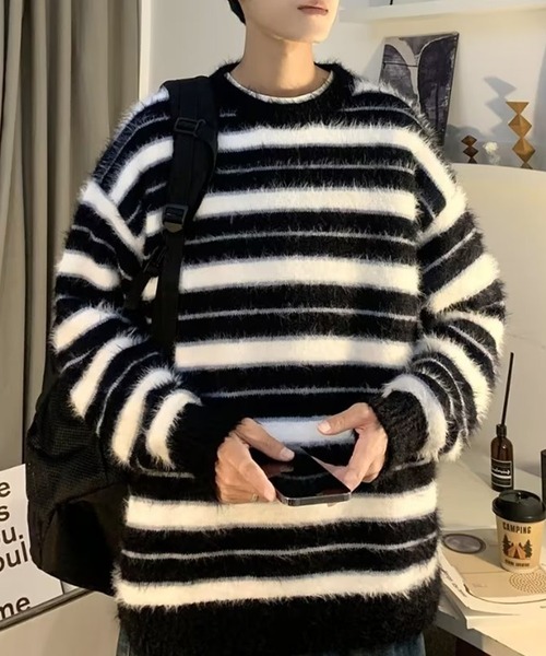 aimoha（アイモハ）の「aimoha men BORDER FRINGE KNIT ボーダーフリンジ プルオーバー（ニット/セーター・メンズ・ブラック・XX-LARGE/X-LARGE/LARGE/MEDIUM）」の7枚目の写真
