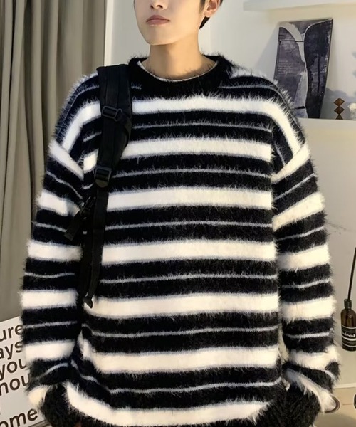 aimoha（アイモハ）の「aimoha men BORDER FRINGE KNIT ボーダーフリンジ プルオーバー（ニット/セーター・メンズ・ブラック・XX-LARGE/X-LARGE/LARGE/MEDIUM）」の8枚目の写真