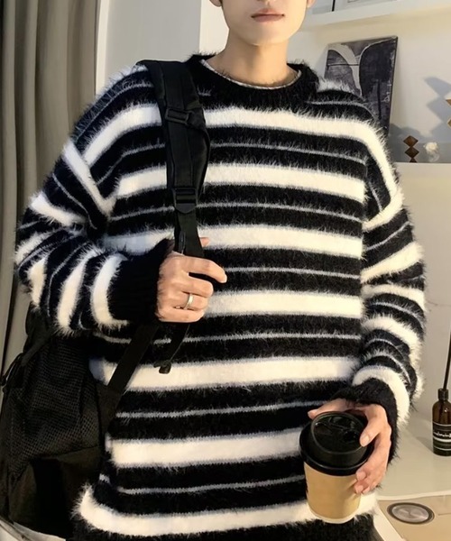 aimoha（アイモハ）の「aimoha men BORDER FRINGE KNIT ボーダーフリンジ プルオーバー（ニット/セーター・メンズ・ブラック・XX-LARGE/X-LARGE/LARGE/MEDIUM）」の9枚目の写真